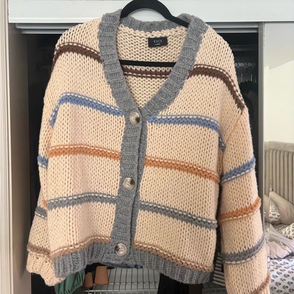 Vici Sweaters - VICI Cream Striped Chunky Cardigan with Gray Trim